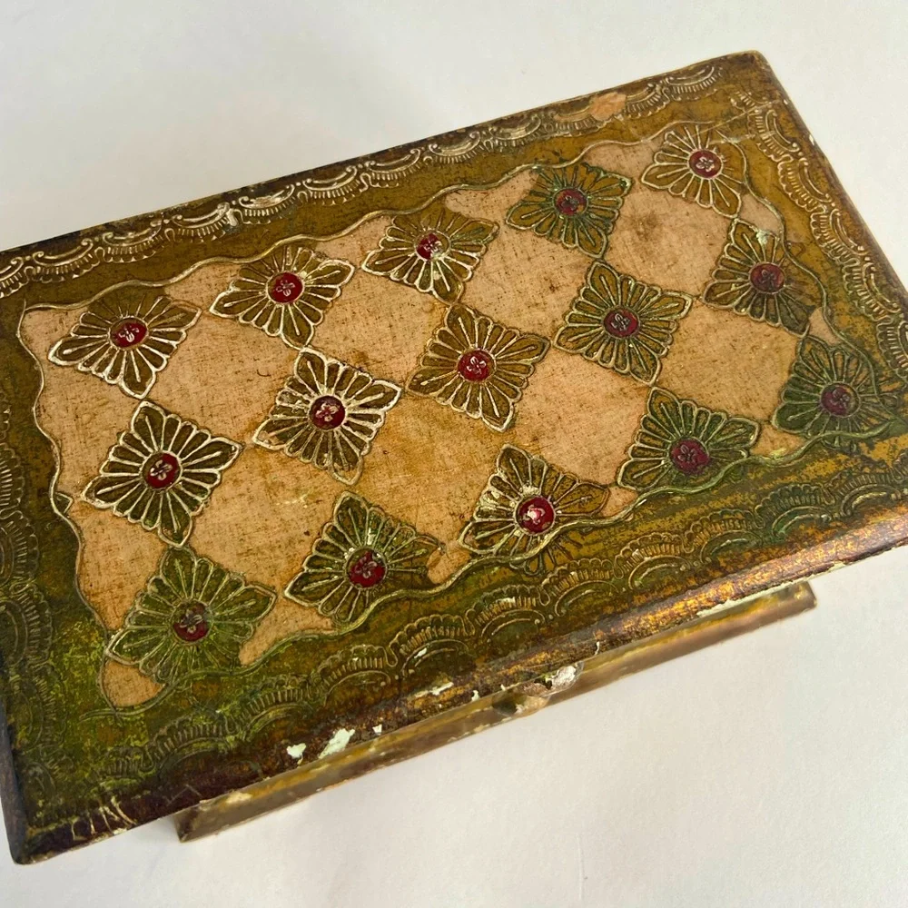 Vintage Florentine Italy 2 Drawer Cabinet Trinket Jewelry Box Handpainted Wooden - Picture 4 of 9